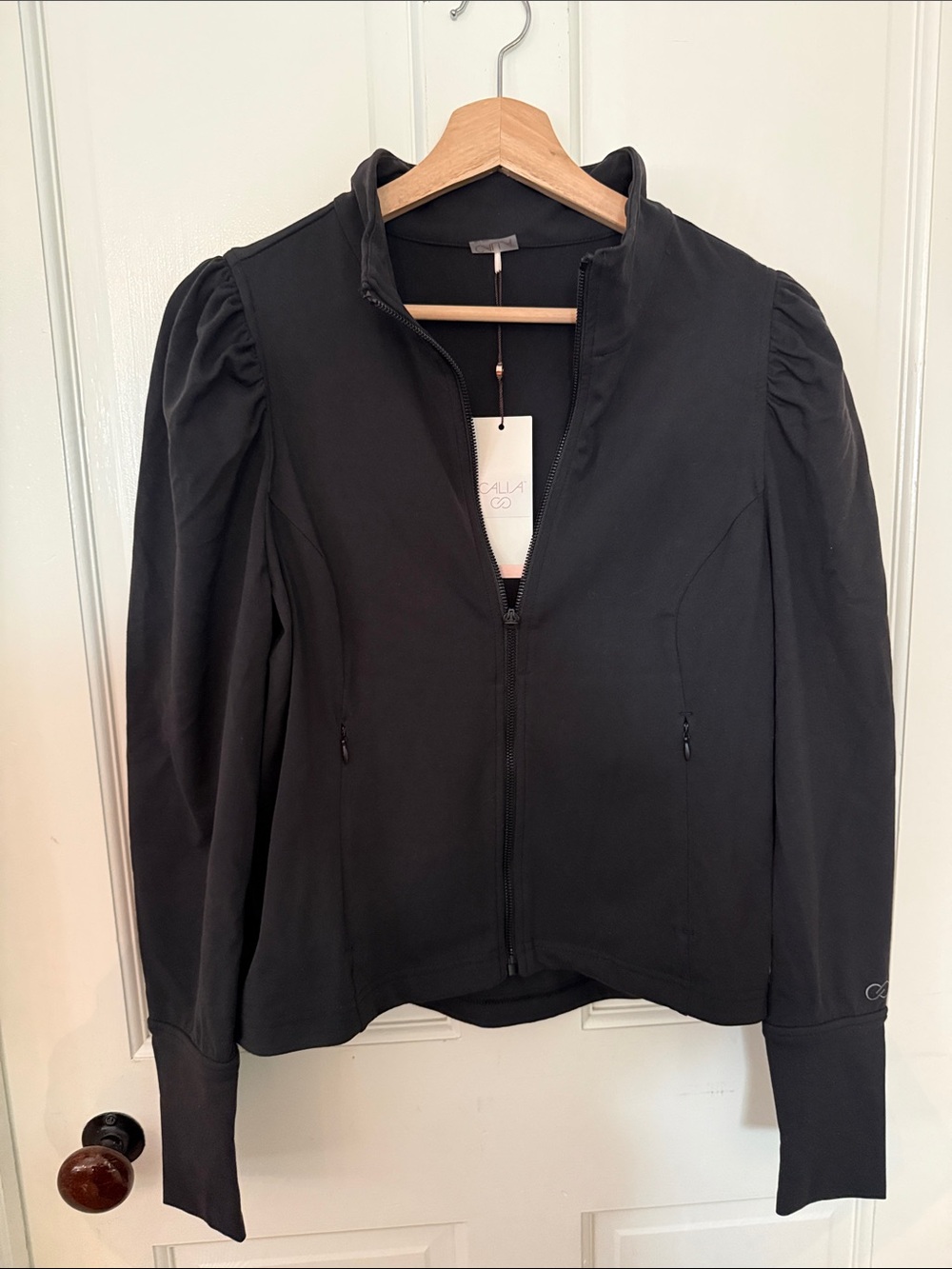 CALIA by Carrie Underwood Black Zip-Front Jacket with Puff Shoulders
